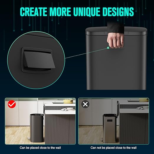 13 Gallon Stainless Steel Foot Pedal Large Trash Can with Soft Close Quiet Curved Surface Top Lid and Deodorant Storage Space, with 30 Garbage Bags for Kitchen/Home/Office Trash can and More - Black
