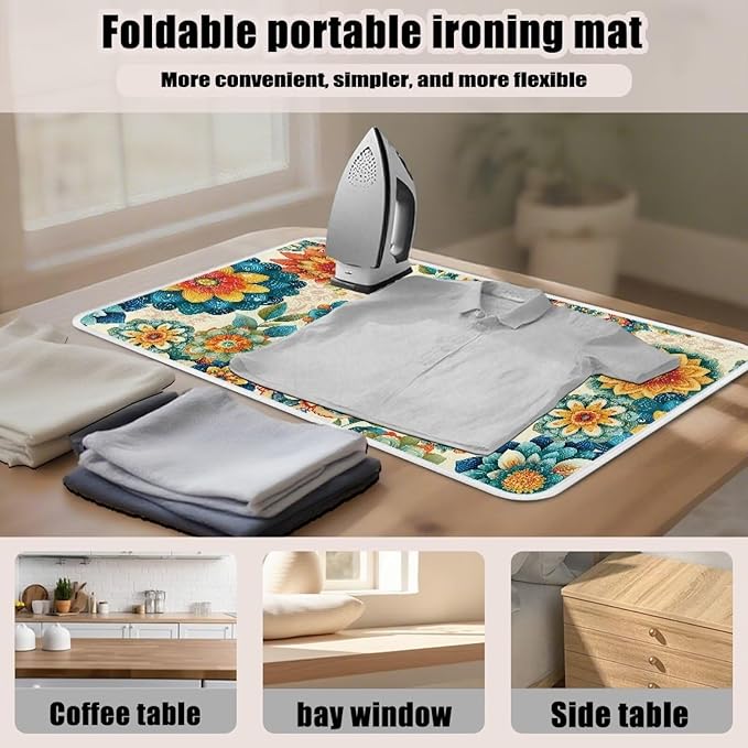 Boho Ironing Mat Foldable Ironing Pad Portable Board Iron Board Alternative Cover,Foldable Cover Flower Small Iron Mat for Table Top,Washer and Dryer 32 x 16 Inch