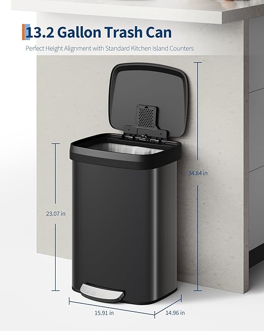 Garvee 13 Gallon / 50 Liter Metal Trash Can with Lid, Large Garbage Can for Kitchen, Rustproof Step-on Kitchen Metal Trash Bin with Liner Rim, Rear Handle, Soft Close Plastic Lid, Black