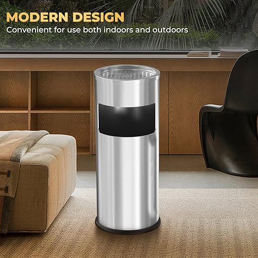 Trash Can Outdoor Waste Container Round Stainless Steel Trash Can with Removable Inner Bucket for Disposal Commercial Waste Container 9.8‘’ x 24‘’- Silver