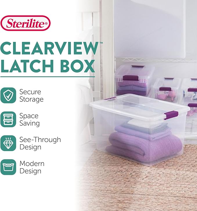 Sterilite 18-Pack 66 Quart Clearview Latch Box, Stackable Organizer Bins with Latching Lids - Clear Plastic Organization Containers for Closet, Bedroom, Shelving Units and Everyday Home Storage