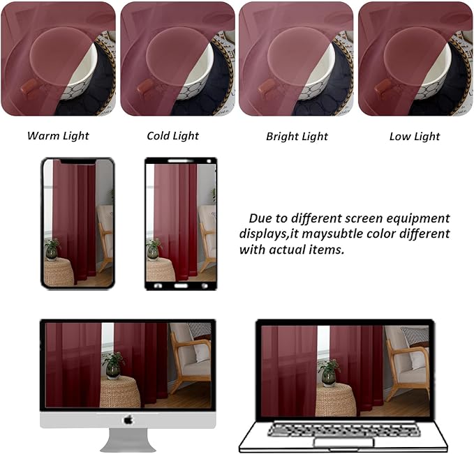 Chyhomenyc Sheer Curtains 36 Inch Length, Short Voile Sheer Window Curtians for Small Window Bathroom Cafe Living Room Farmhouse, 2PCS, 42W x 36L inches, Rod Pocket, Burgundy