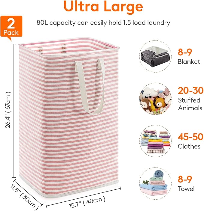 Lifewit 2 Pack Laundry Hamper Large Collapsible Laundry Basket, Freestanding Waterproof Cloth Hamper with Easy Carry Handles in Laundry Room Bedroom Bathroom Dorm for Adult, Pink&Blue, 2 x 80L