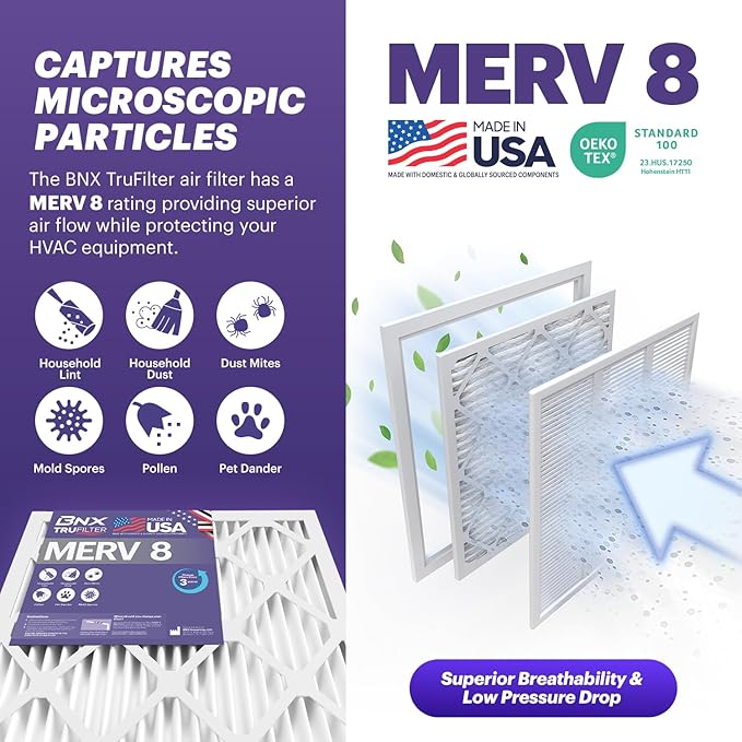 BNX TruFilter 14x14x1 Air Filter MERV 8 (6-Pack) - MADE IN USA – Dust & Pet Defense Pleated Air Conditioner HVAC AC Furnace Filters for Dust, Pet, Mold, Pollen MPR 600 – 700 & FPR 5