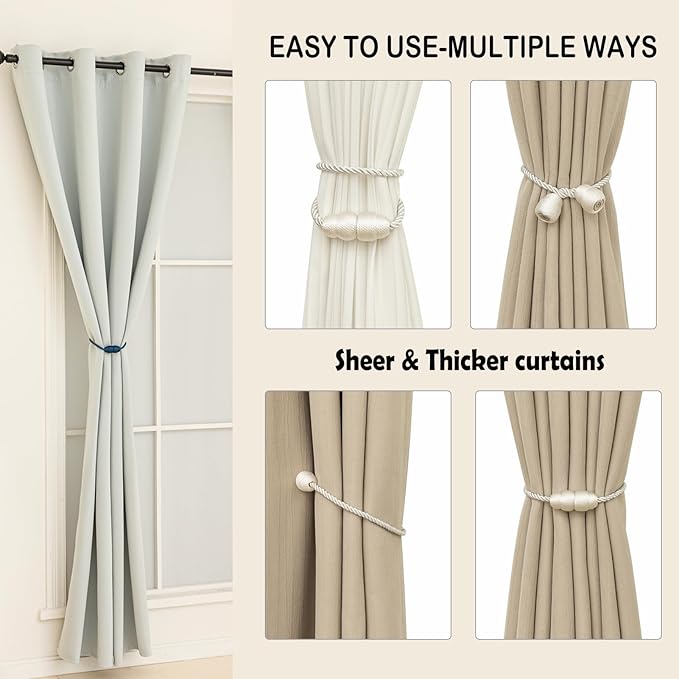 Magnetic Curtain Tiebacks - Rope Tie Backs for Curtains & Drapes - Decorative Window Holdbacks (6 Pack, White)