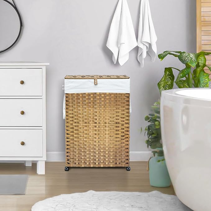 70L Slim Laundry Hamper with Lid & Wheels, 2-Park Rolling Laundry Basket with 4 Removable Liner Bags & 3 Mesh Bags, Narrow Dirty Clothes Basket, Foldable Handwoven Rattan Laundry Sorter, Natural