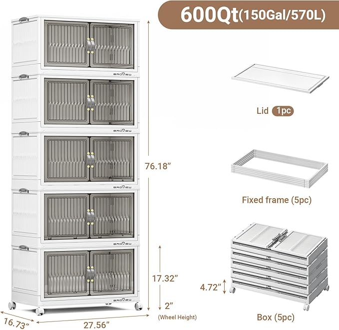 BROVIEW 600Qt Stackable Storage Bins with Lid, Extra Large Closet Organizer Collapsible Drawer Boxes with Wheels, Folding Plastic Cabinet Containers for Home Kitchen Room Organization, 5Pack White