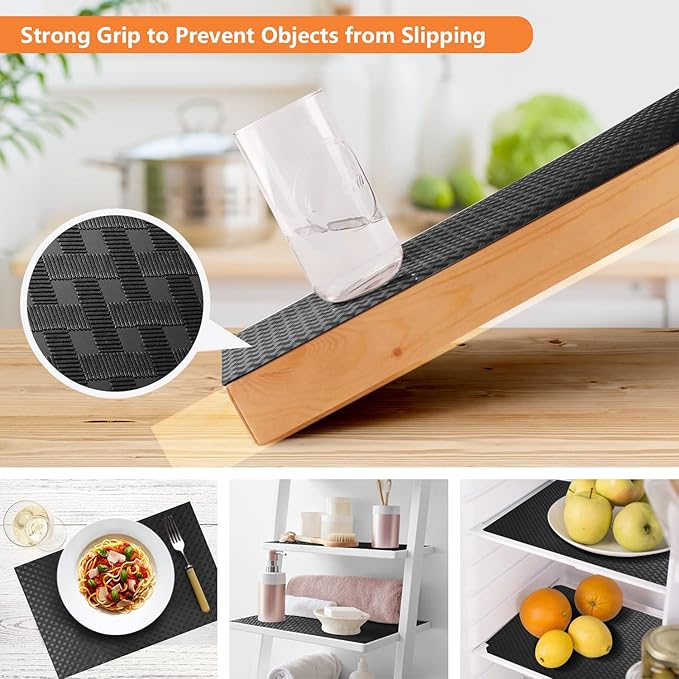 Shelf Liners for Kitchen Cabinets Refrigerator Liners Waterproof & Oil-Proof Kitchen Cupboard Liner Non-Slip Drawer Mats EVA Material Non Adhesive Fridge Liner for Shelves - Black 17.5 x 236.2 Inches
