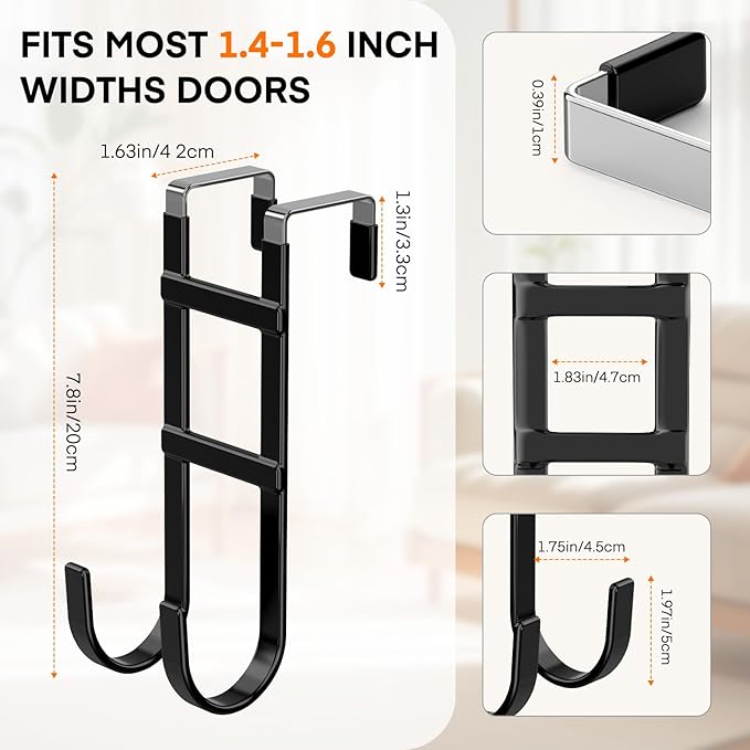 FYY Over The Door Hooks - 2 Pack Heavy Duty Dual-Hook Organizer Hanger with Non-Slip Rubber for Towels, Clothes, Hats & Bags Use in Bathroom, Bedroom, Kitchen - Fits Interior Doors Up to 1.6" Black