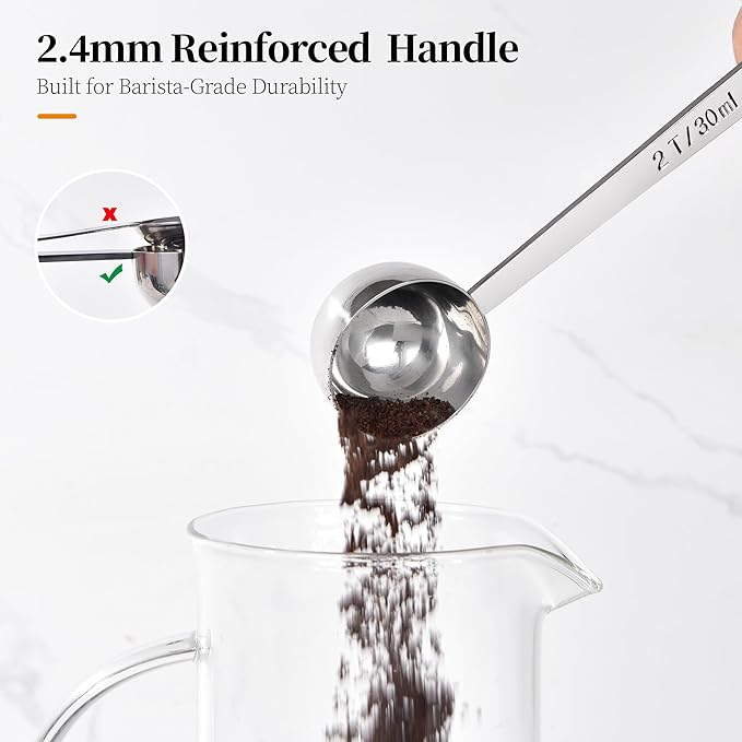 Long Handle Coffee Scoop: 5.98 Inch 18/8 Stainless Steel 2 Tablespoon Metal Measuring Spoon Tbsp Scoop for Coffee Beans, Grounds Coffee, Coffee Powder, Tea, Tall Jars (2Tbsp/30ml)