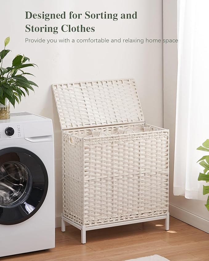 Laundry Hamper with Lid 132 L, (35 Gallons) Clothes Hamper with Lid, Handwoven Rattan Laundry Hamper with Metal Heightened Feet, Laundry Hampers with 3 Removable Liner Bags for Laundry-White