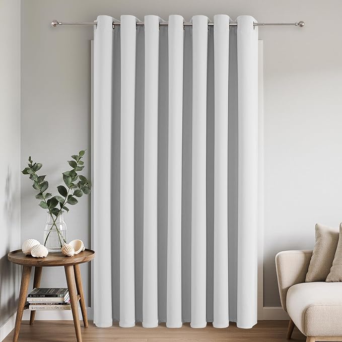 Joydeco Blackout Patio Sliding Door Curtains 96 Inches Long, Grommet Privacy Room Divider Curtains, Extra Wide Thermal Blackout Drapes for Bedroom Living Room (Greyish White 100Wx96L, 1 Panel)
