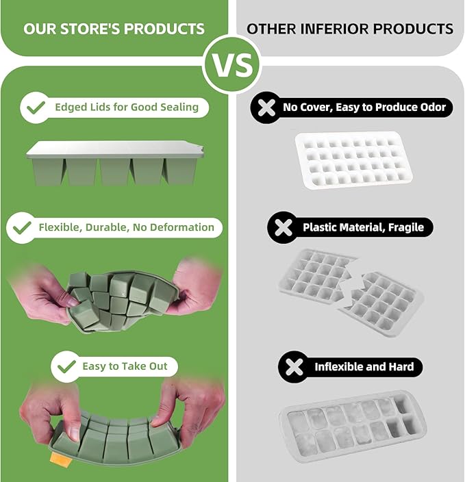 Silicone Ice Cube Tray, 2 Pack Easy-Release Stackable Ice Trays for Freezer with Lid 15 Reusable Cubes, Food Grade BPA Free Ice Molds for Whiskey, Baby Food, Coffee, Cocktail, Drinks (Green)