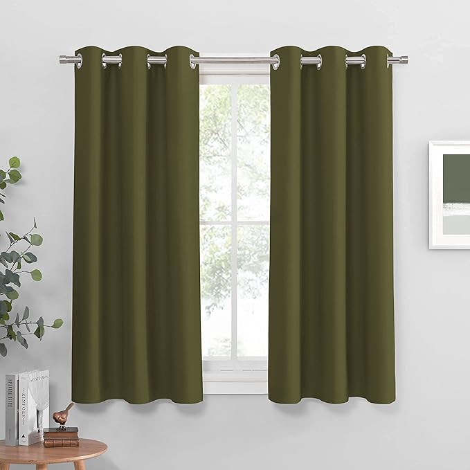 PONY DANCE Bedroom Curtains Blackout - Thermal Drapes Heavy Duty Light Blocking Shandes Grommet Top Window Treatments Cover Noise Reducing, W 42 x L 45 in, Olive Green, 2 PCs