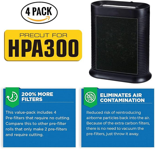VEVA Precut for HPA300 Premium Carbon Activated Pre Filters 4 Pack Compatible with HW Air Purifier. Precision Fit for Easy Installation Advanced Filters