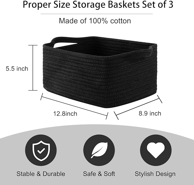 OIAHOMY Cotton Rope Woven Baskets for Storage, Nursery Rectangle Storage Basket with Handles for Shelves, Pack of 3, Black