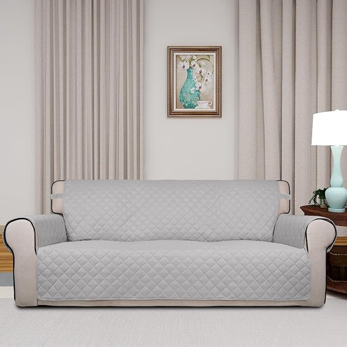 PureFit Reversible Quilted Sofa Cover, Water Resistant Slipcover Furniture Protector, Washable Couch Cover with Non Slip and Elastic Straps for Kids, Dogs, Pets (Sofa, Light Gray/Light Gray)