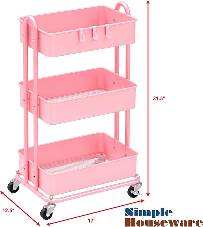 Simple Houseware 3-Tier Heavy Duty Metal Utility Rolling Cart, Pink