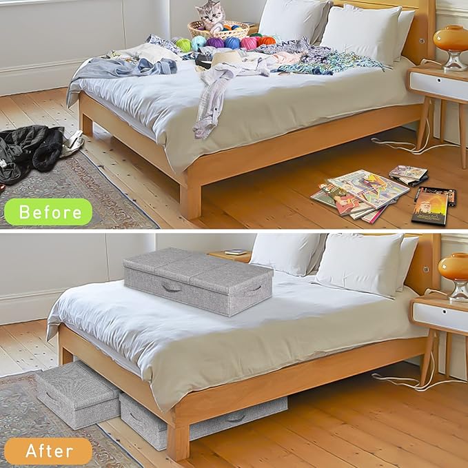 punemi Under Bed Storage Containers, 3 Pcs Large Blanket Clothes Storage Bag, Long Flat Firm Sides Underbed Organization And Storage w/ 3 Handles & Lid For Comforter Toy Closet, 31.1*15.7*6 inch Tall