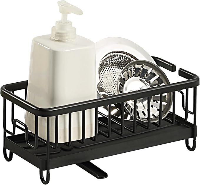 SunnyPoint Never Rust Aluminum Utensil, Sink Cleaning Tools Holder for Kitchen Sink with Drain Board; Dish Wand, Sponge, Soap Dispenser, Utensil Organizer Caddy (BLK)