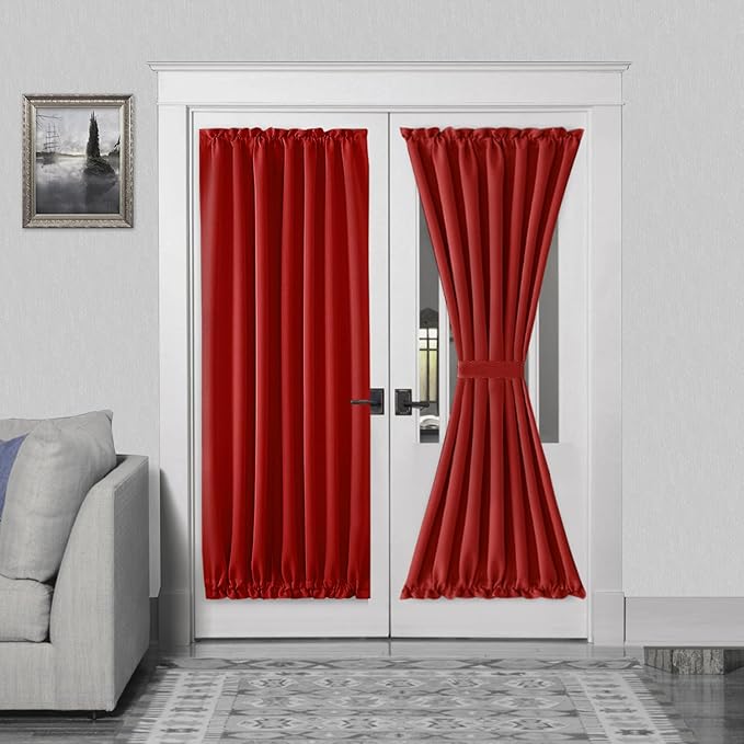 DWCN French Door Curtains – Rod Pocket Thermal Blackout Curtain for Doors with Glass Window, Christmas, Kitchen and Patio Doors for Privacy, 54 X 72 Inches Long, 1 Curtain Panel with Tieback, Red