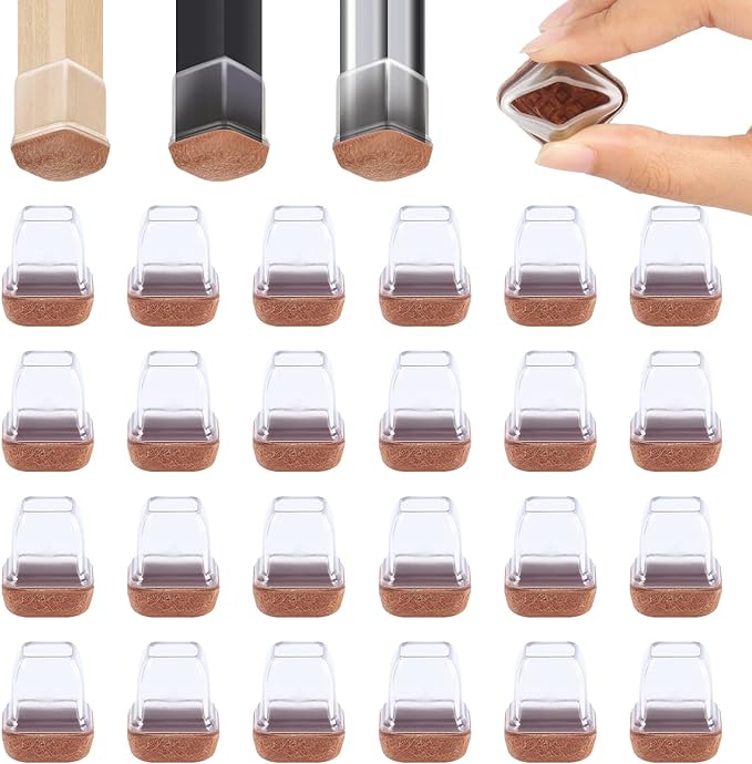 Ezprotekt 24 Pcs Small Clear Square Chair Leg Floor Protectors for Hardwood Floors, Silicone Felt Furniture Pads, Table Chair Leg Cups Covers, Bar Stool Leg Protectors Caps (S Fit: 3/5" to 7/10")