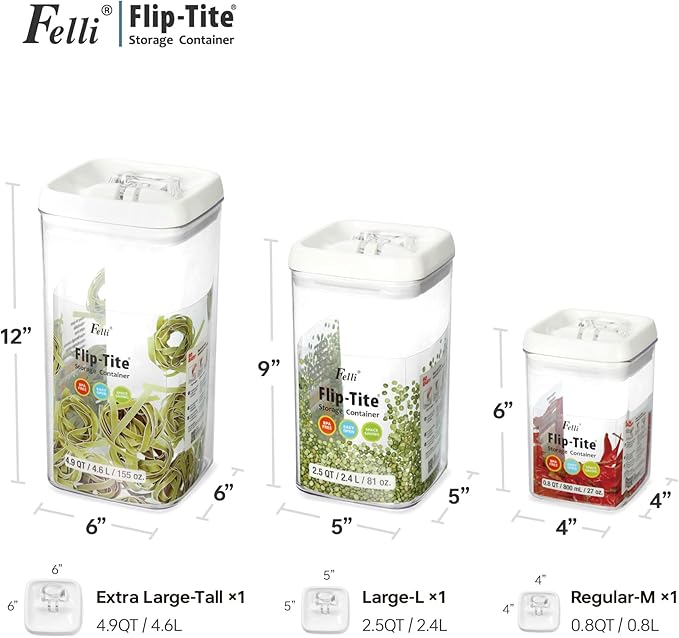 Felli Flip Tite Acrylic Food Storage Container with Lid 6” XL Air Tight Ring Seal Flip Top, Plastic Kitchen Baking Canister for 5 lb Flour Sugar Rice Protein Powder Pantry Organizer (Nest-M, White)