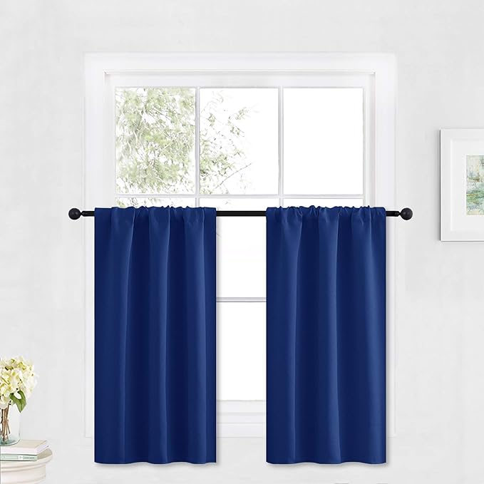 RYB HOME Bathroom Window Curtains - Super Soft Blackout Privacy Curtains for Baby Nursery Bedroom Basement Garege Workshop Kitchen Dining Living Room, W 29 x L 30, Marine Blue, 2 Pcs