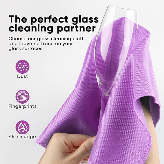 HOMEXCEL Microfiber Glass Cleaning Cloth 12 PK, Lint Free Streak Free, Reusable Cleaning Cloth for Cleaning Windows, Glasses, Mirrors, Screens, Stainless Steel, and More Purple-12”×12”