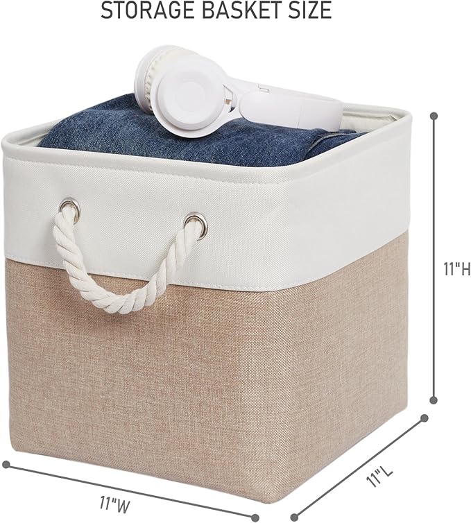 11 x 11 Inch Storage Cubes, 6 Pack Large Collapsible Fabric Storage Bin with Ropes, Foldable Storage Cubes for Home, Office,Closet, Clothes, Toys Organizer (White&Beige)