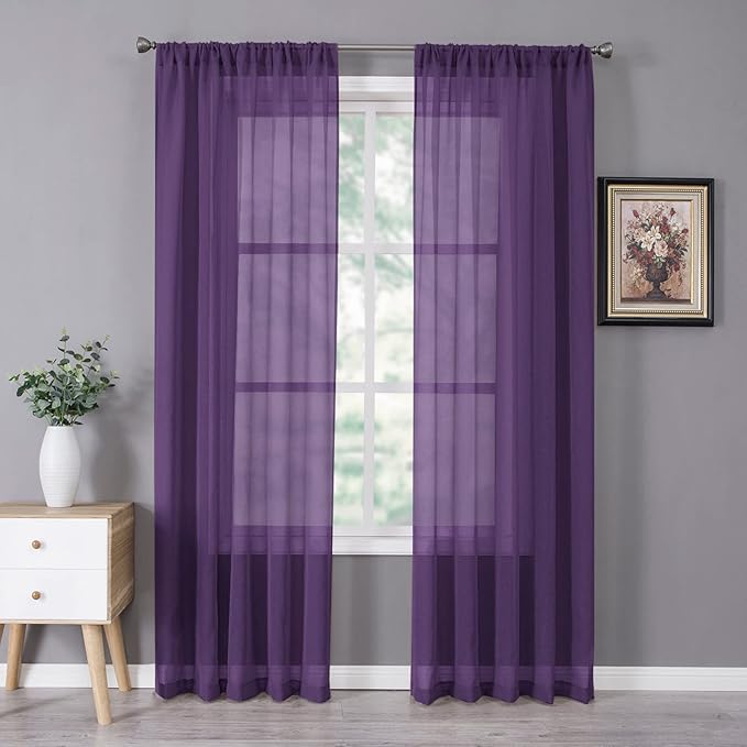 Tollpiz Sheer Curtains Bedroom Linen Textured Curtain Sheers Light Filtering Voile Rod Pocket Curtains for Living Room, 38 x 84 inches Long, Royal Purple, Set of 2 Panels