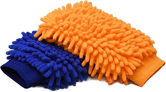 Raeyuan Car Wash Mitt Microfiber 2 Pack Scratch Proof & Lint-Free Wash Mitt for Cars, SUVs, Trucks - Large 9.06"x5.91", Orange & Blue (All-Purpose Car Cleaning)