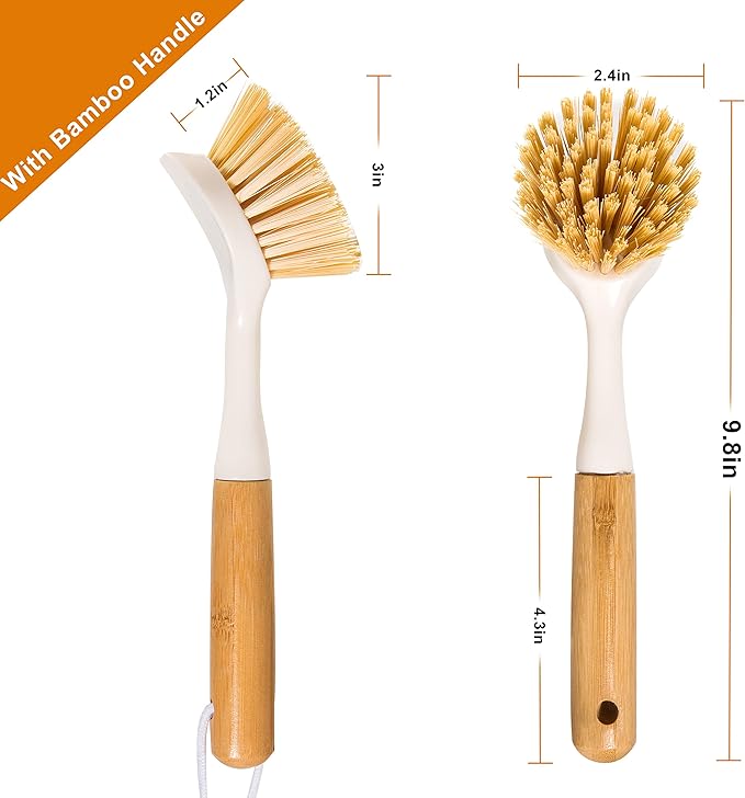 2 Pack Kitchen Dish Brushes with Bamboo Handle, Dish Scrubber Built-in Scraper, Scrub Brush for Pans, Pots, Counter & Kitchen Sink Cleaning, Dishwashing and Cleaning Brush Tools, White