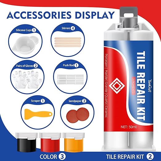 Tile Repair Kit, Ceramic Tile Repair Kit for Bathtub Crack and Hole, Porcelain Tile Chip Repair Kit, Floor Cracked Tile Filler Fix Chipped Edges Corners, Reattaches Missing Pieces, Acrylic