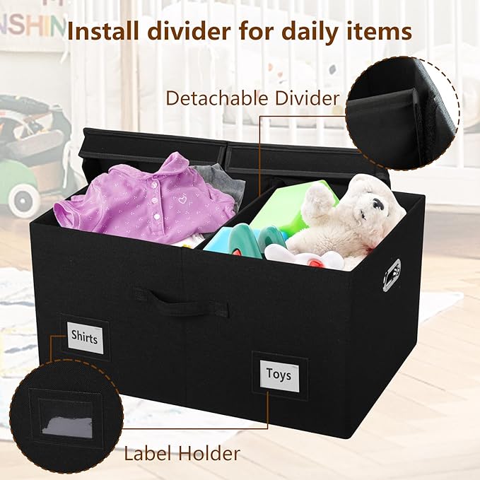75 Quarts Extra Large Decorative Storage Bins with Lids, 3 Packs Black Collapsible Storage Bins with Lids, Stackable Storage Bins Decorative Box Storage With Lid Extra Large