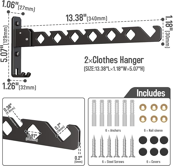 Wall Mounted Clothes Drying Rack, Wall Clothes Hanger Hook for Laundry Room Hanger Foldable, Wall Clothes Rack Indoor, Perfect for Small Spaces, Matte Black 2 Packs
