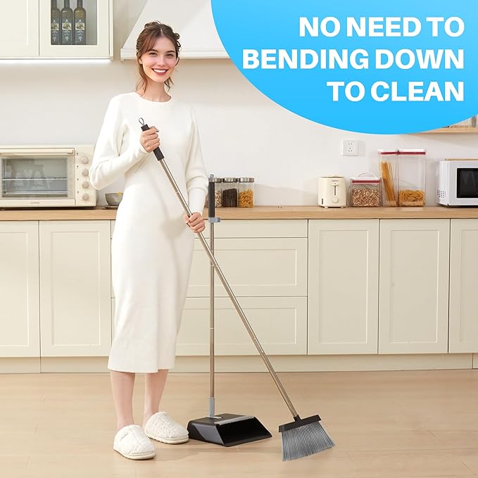 JOYMOOP Black Broom and Dustpan Set, Upright Angle Design with Built-in Comb Teeth for Home, Office, Hardwood Floors, Pet Hair