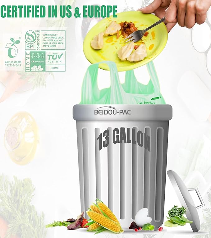 13 Gallon Compostable Tall Kitchen Trash Bags with Handle, 50 Count, Sturdy Biodegradable Garbage Bags for Food Scrap Waste, ASTM D6400, US BPI Certified