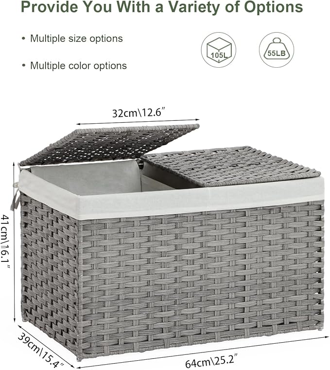 Storage Basket with Lid Rattan Storage Basket with 2 Separate Lid, 27.8 Gallon (105 L) 25.2 * 15.4 * 16.1 Inches Woven Wicker Baskets with 2 Liners and Handles for Bedroom Laundry-Gray