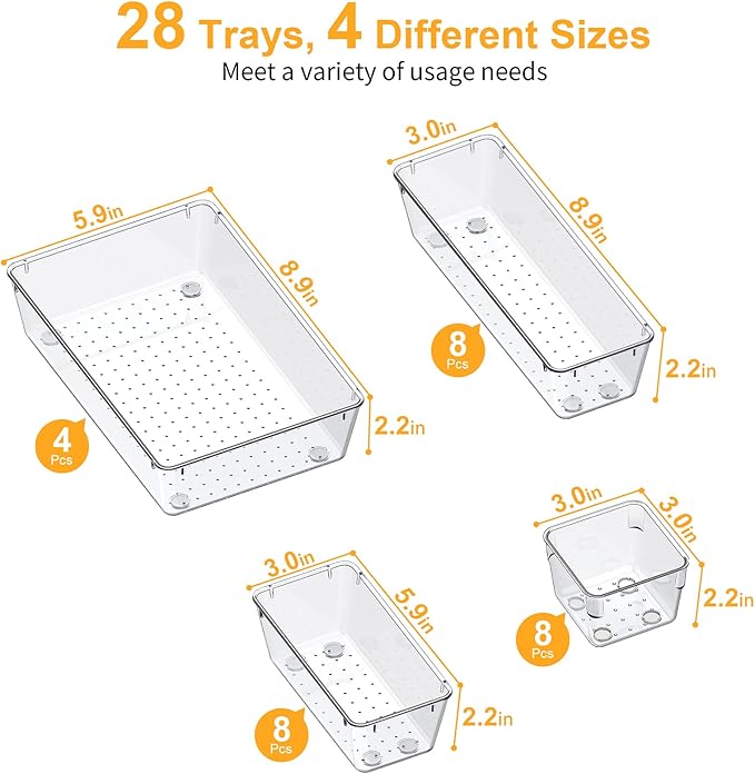 SMARTAKE 28 Piece Drawer Organizers with Non-Slip Silicone Pads, 4-Size Desk Drawer Organizer Trays Storage Tray for Makeup, Jewelries, Utensils in Bedroom Dresser, Office and Kitchen, Clear