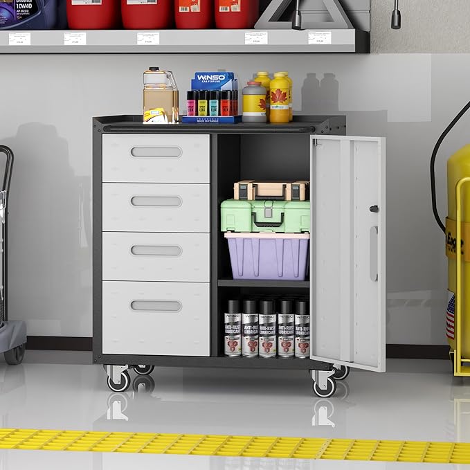 Metal Storage Cabinet with Wheels, Rolling Tool Cabinet with Adjustable Shelve, Locking Garage Storage Cabinet with 4 Drawer and 1 Door for Tools, Assembly Required (Black/Grey)