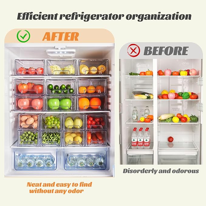 PeJeyiee 2 Pack Clear Stackable Refrigerator Organizers and Storage Drawers - Pull-Out Fridge Bins with Anti-Slip Base & Easy Clean, Plastic Organizers for Kitchen Pantry Cabinet Closet (Large)