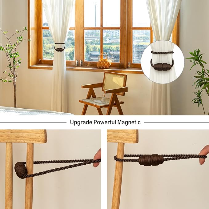 Magnetic Curtain Tiebacks Rope Curtain Tie Backs for Curtains 6 Pack Curtain Holders for Drapes Decorative Window Curtain Holdbacks, Coffee