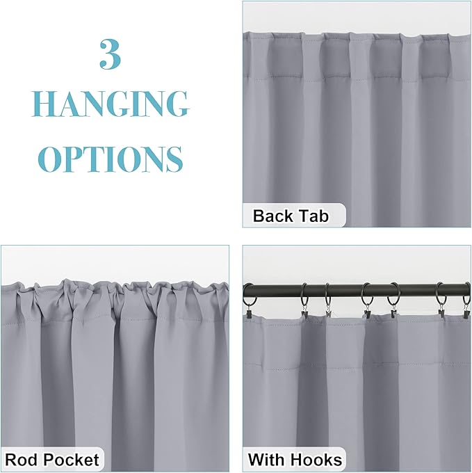 RYB HOME Bedroom Curtains, Room Darkening Thermal Insulated Curtain Back Tab Pleat Drapes Decent Window Treatment for Home Office Playroom Living Room, W42 x L36 inches, Sliver Grey, 2 Panels