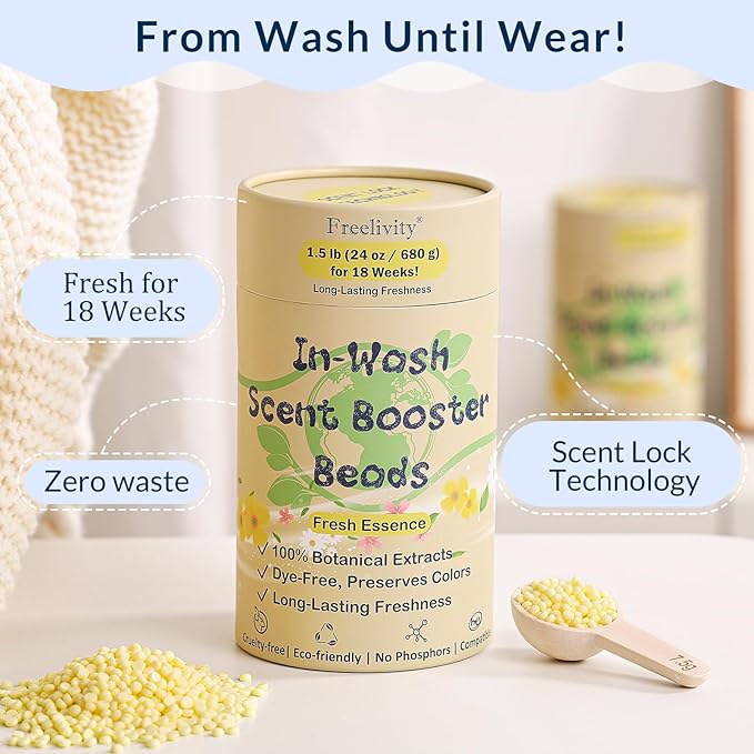Freelivity In‑Wash Scent Booster Beads – Fresh Essence Scent, Laundry Beads fabric softener, 24 oz – Lasts Up to 70 Washing Cycles – Eco‑Friendly & Safe for Babies and Kids