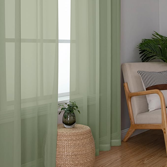 Chyhomenyc Sheer Sage Green Curtains 90 inches Long 2 Panels, Light Filtering Soft Airy Solid Elegant Voile Window Treatment Drapes for Bedroom Living Room Wedding Party Decor, 42 Wx90 L Inches