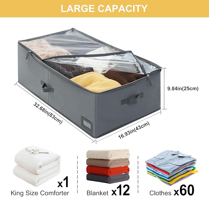 10-Inch Under Bed Storage Containers (3-Pack) | Sturdy Sidewalls | Clear Cover & Label Holder | Foldable Closet Organizer | Stores Clothing/Blankets/Wrapping Paper/Toys