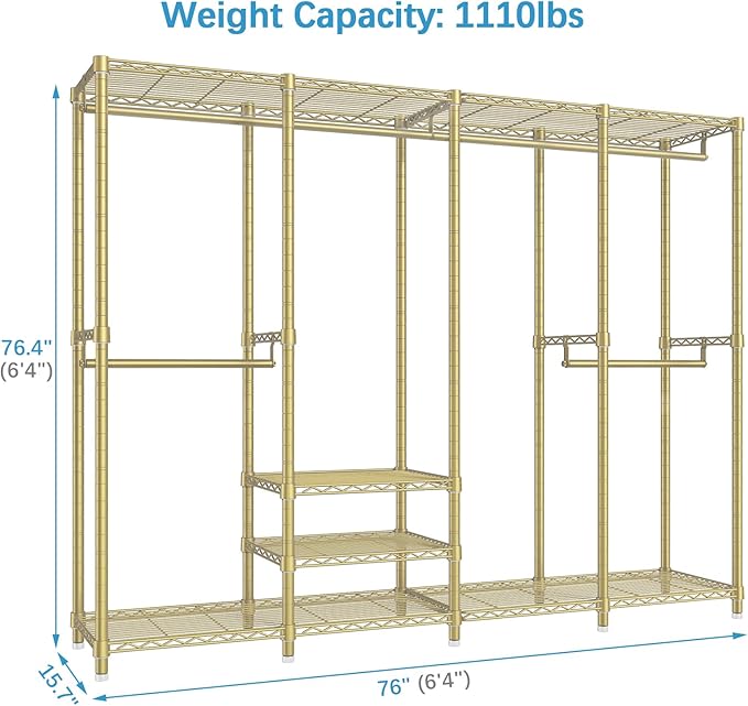 VIPEK V40 Wire Garment Rack Heavy Duty Clothes Racks for Hanging Clothes, Multi-Functional Metal Clothing Racks Bedroom Freestanding Wardrobe Closet Rack, 76" Lx15.7 Wx76.4 H, Max Load 1110lbs, Gold