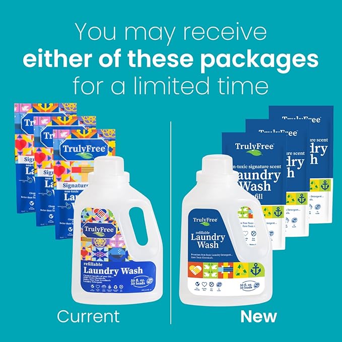 Truly Free Natural Laundry Detergent for Sensitive Skin | Eco Friendly, Plant Based, Baby Clothes Safe | Clean & Easy Powder to Liquid, 3 Pack Detergent + 1 Refillable Jug | Signature Scent 150 Loads