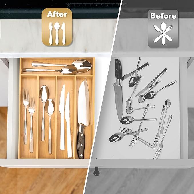 Silverware Organizer Kitchen Drawer Organizer Utensil Organizer Bamboo Silverware Holder Cutlery Organizer in Drawer Flatware Organizer Tray(5 slots, Natural